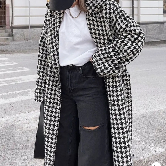 Loose Houndstooth Women Trench Coat Elegant Lapel High-end Fashion Office Jacket - Picture 5 of 12